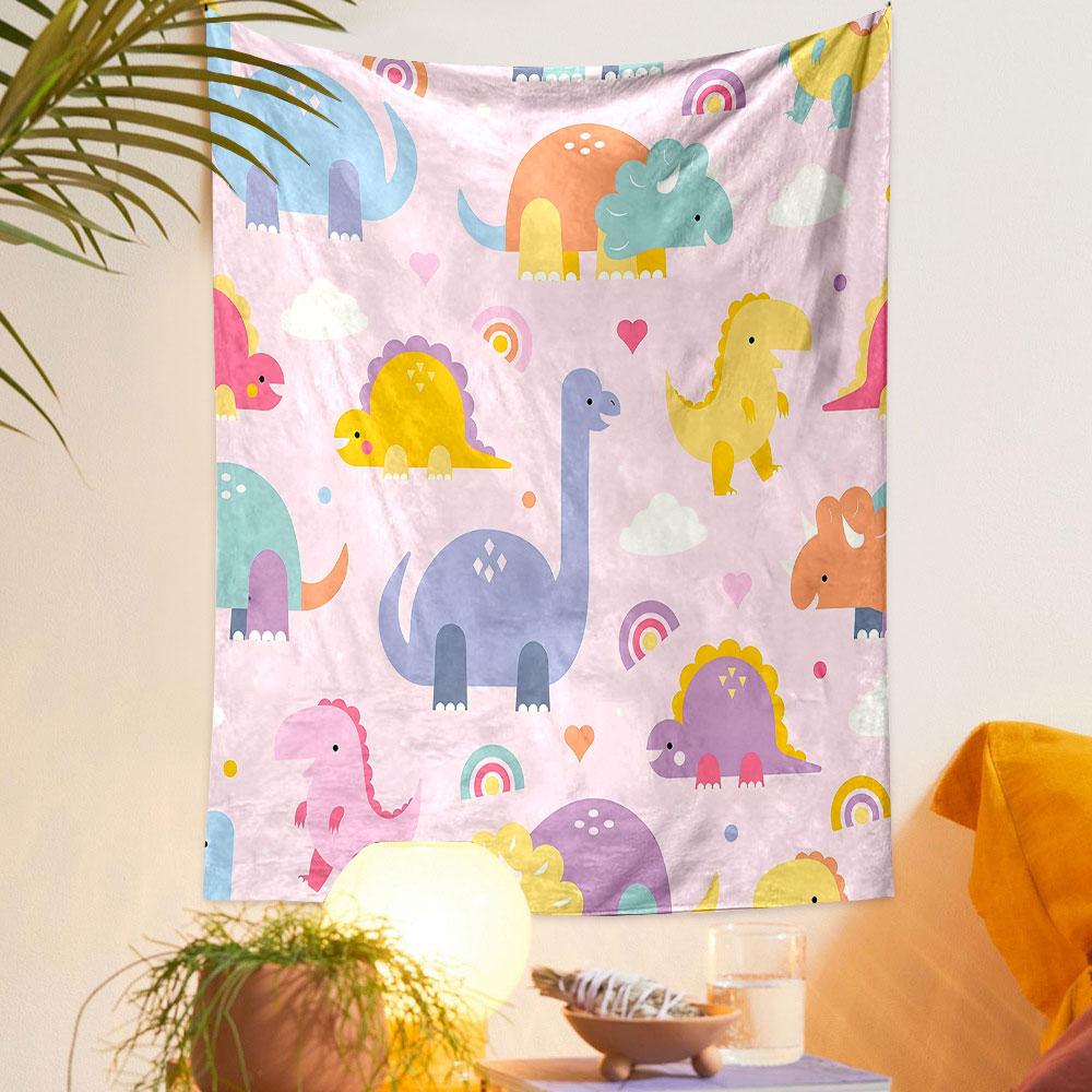 Cute Dinosaur Pattern with Pink Background Patterned Tapestry Decorative Wall Hanging, Home Bedroom Living Room Decor