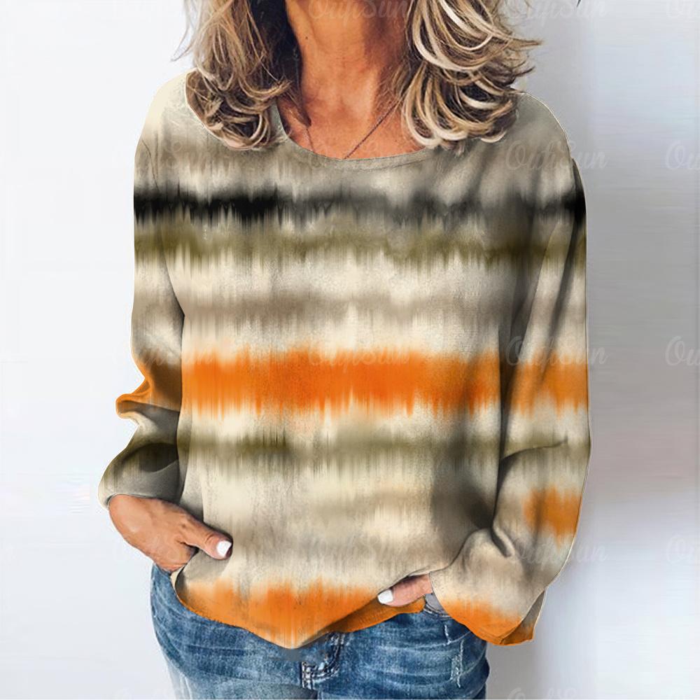 Винтажная женская футболка с длинным рукавом и полосатым принтом в стиле градиента, осенняя хлопковая женская одежда с круглым вырезом, женский повседневный пуловер