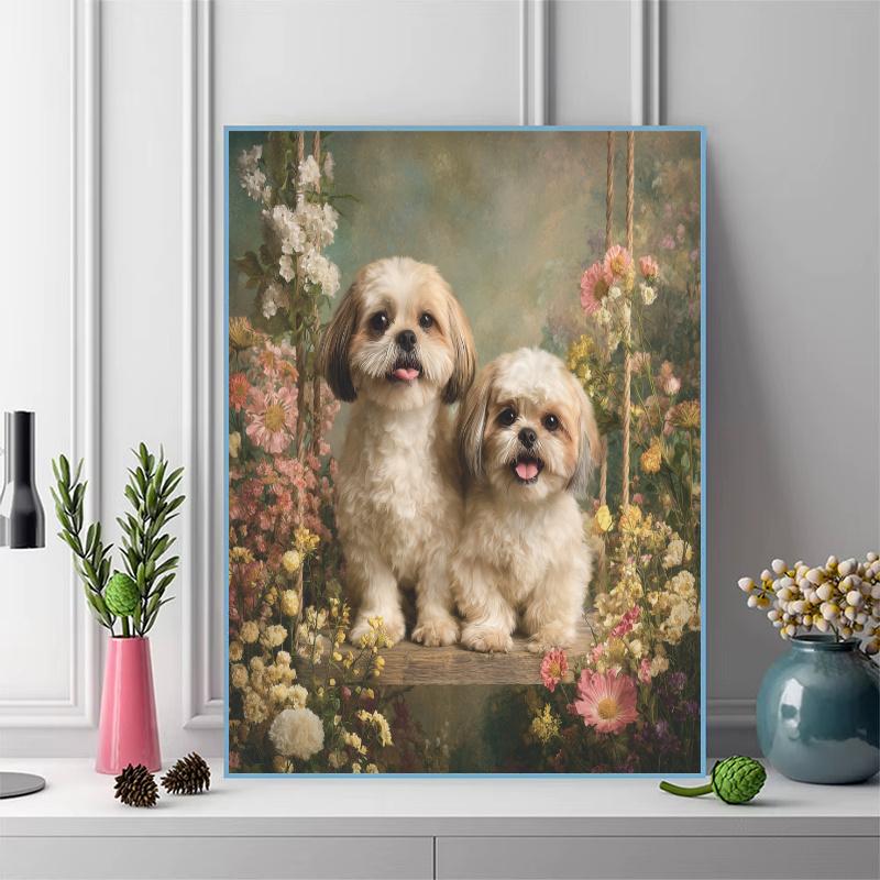 Two Shih Tzus Pattern 3pcs 100% Round Full Drill 5D DIY Diamond Painting Embroidery Cross Stitch Rhinestone Décor