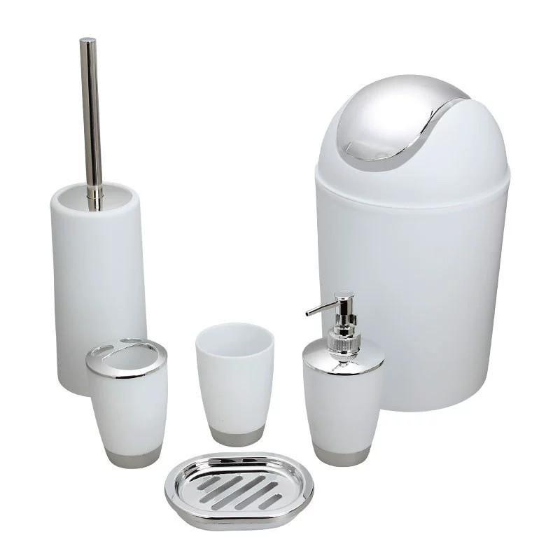 Bathroom Accessories Set Six Pieces Plastic Washroom Collection With Toothbrush Cup And Storage Solution