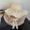 Casual Women's Lace Straw Hat, Summer Sun Beating Wide Brim Hat, Beachside Floppy Cap with Solid Fringe
