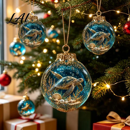 Ocean Lover Holiday Gifts Themed Christmas Ball Ornaments Light Up Clear Baubles with Jellyfish Turtle Octopus Decorative Orbs for Party Seahorse