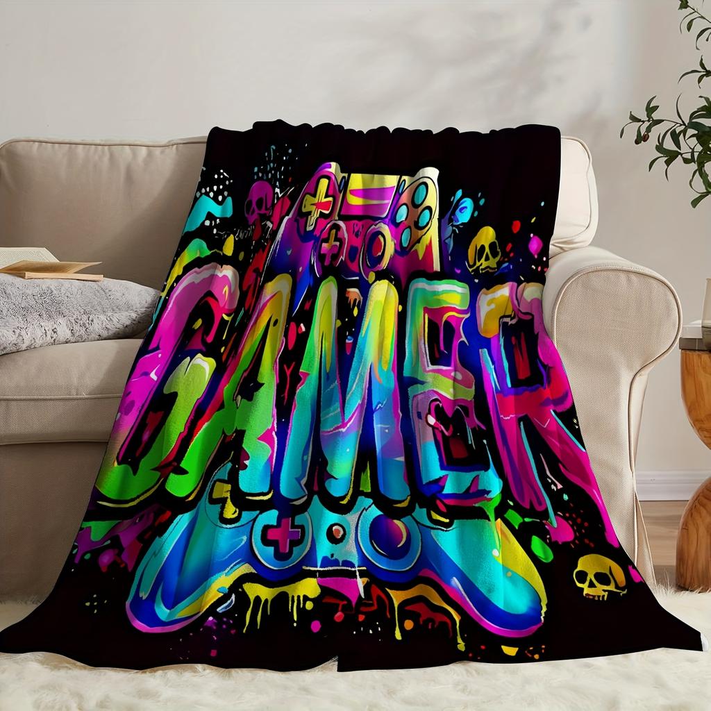 Gamer Graffiti Flannel Throw Blanket – Vibrant Controller & Skull Design, Soft Cozy Fleece for Home, Travel & Camping
