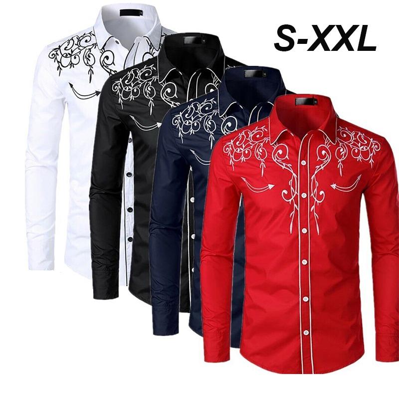 Mens Western Cowboy Shirt Long Sleeve Retro Embroidery Casual Buttons Down Shirt