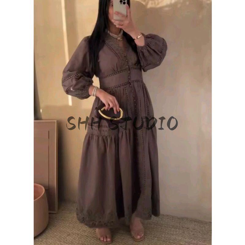 Summer New Product Women's Clothes Minimalist Style Cut Out Lace Decoration V Neck Long Sleeves Loose High Waist a Word Length Dress