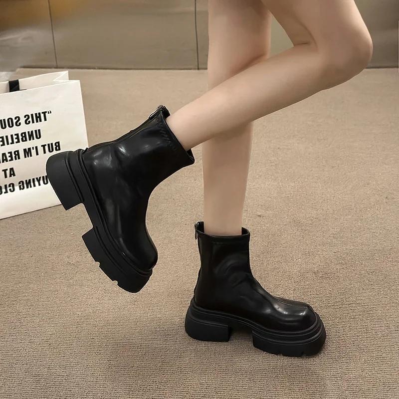 Модные осенние женские толстые ботильоны с тонкими ботильонами, модные короткие ботинки на платформе с застежкой-молнией сзади, уличные женские туфли