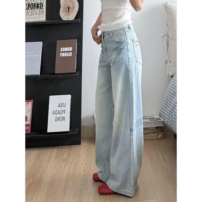 JYL TS Cat-whisker Washed Denim Jeans,Loose High-waist Straight Casual Trousers For Summer Ladies