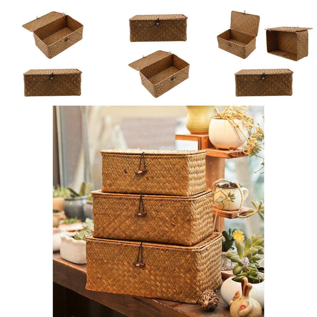 Винтажная желтая корзина для хранения из морской травы с крышкой, идеально подходящая для CD-дисков, пультов дистанционного управления и канцелярских принадлежностей