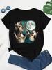 Animal & Moon Print Crew Neck T-Shirt, Casual Short Sleeve T-Shirt For Spring & Summer, WoUnisex Clothing Unisex