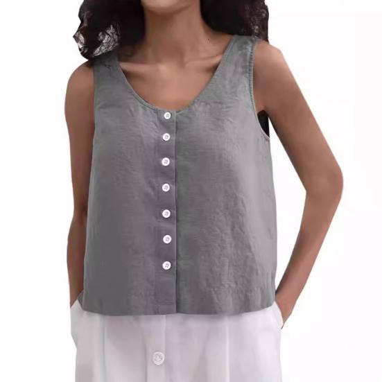 Женский летний жилет с круглым вырезом, свободные топы без рукавов, однотонные топы с планками на пуговицах, уличная одежда