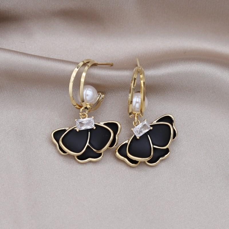 Корейский новый дизайн, модные украшения, жемчуг, циркон, черная камелия, серьги-подвески, элегантные женские повседневные рабочие аксессуары