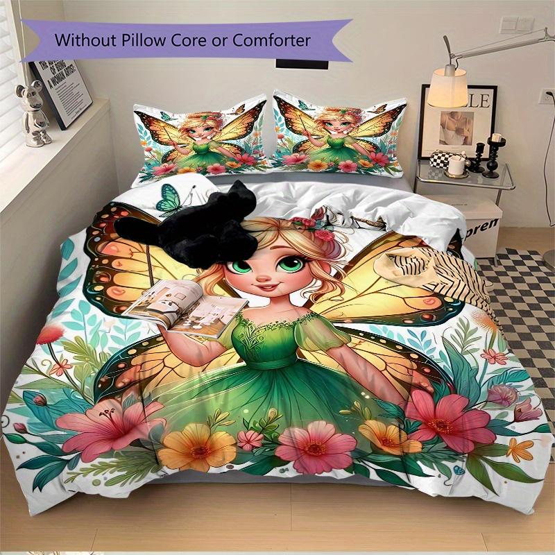 3pcs Disney Tinker Bell Design Quilt Cover Set - Soft and Cozy Bedroom, Guest Room and Dorm Decorative Bedding 3-Piece Set 1 Quilt Cover + 2 Pill