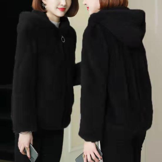 Women Winter Coat Double-sided Thick Cozy Plush Hooded Long Sleeves Zipper Closure Solid Color Cardigan Loose Jacket Outerwear