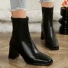 Elegant Square Toe Block Heel Ankle Boots For Women Leather Back Zipper Short Boots Woman Fashion High Heel Boots