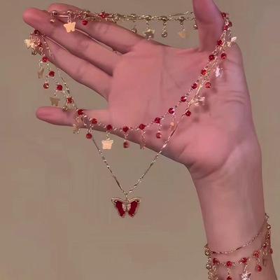 Романтическое красное ожерелье-бабочка на ключицу 2025 года: Многослойная женская мода