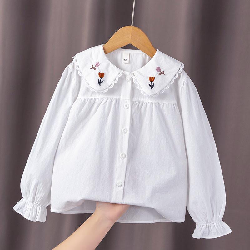 Белая хлопковая рубашка для девочек на весну/осень 2024 года, отложной воротник, модный студенческий топ