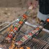 Stainless Steel BBQ Grill Basket with Wooden Handle Non-Stick Sausage Roasting Cage Multi-functional Grill Utensil for Outdoor Camping