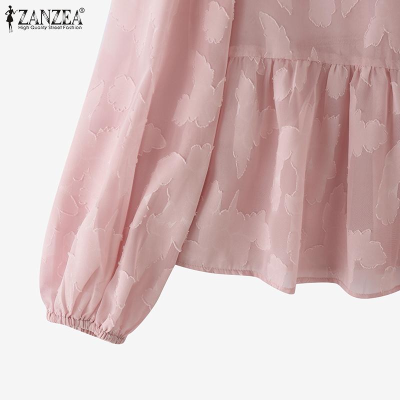 ZANZEA Женская повседневная кружевная круглая горловина с длинным рукавом полупрозрачная блузка