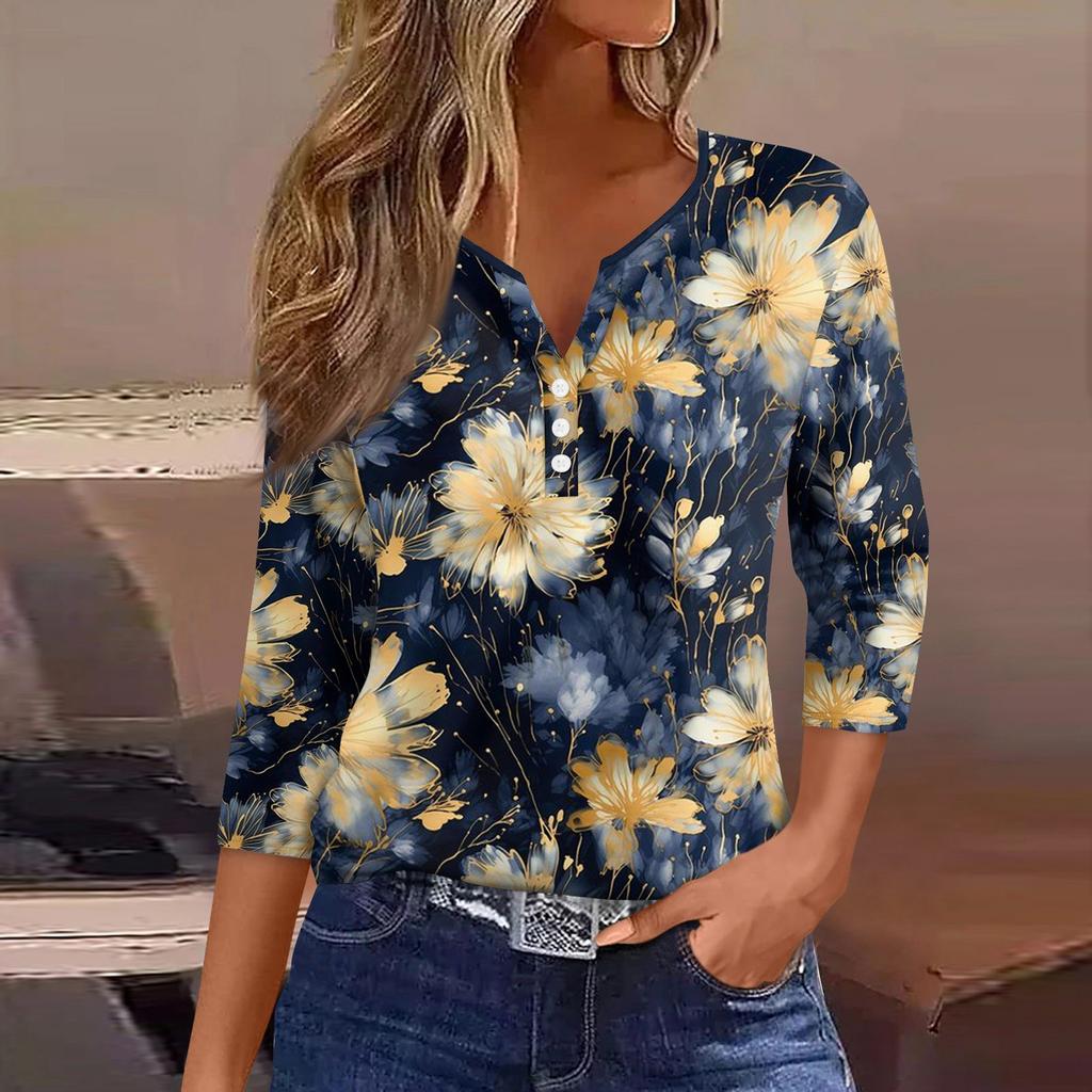 Жен. Футболка Футболка С принтом Пуговицы Рукав 3/4 Повседневные Выходные Мода Классический Классический V-образный вырез Обычный Верх