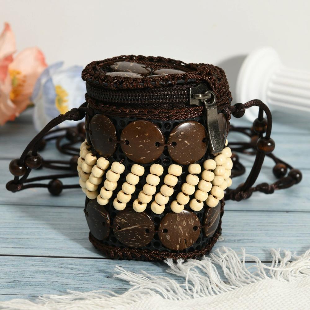 Portable Cloth Ethnic Style Crossbody Bag Retro Coconut Shell Handmade Weave Bag Vintage Handbag Bohemian Shoulder Bag Women