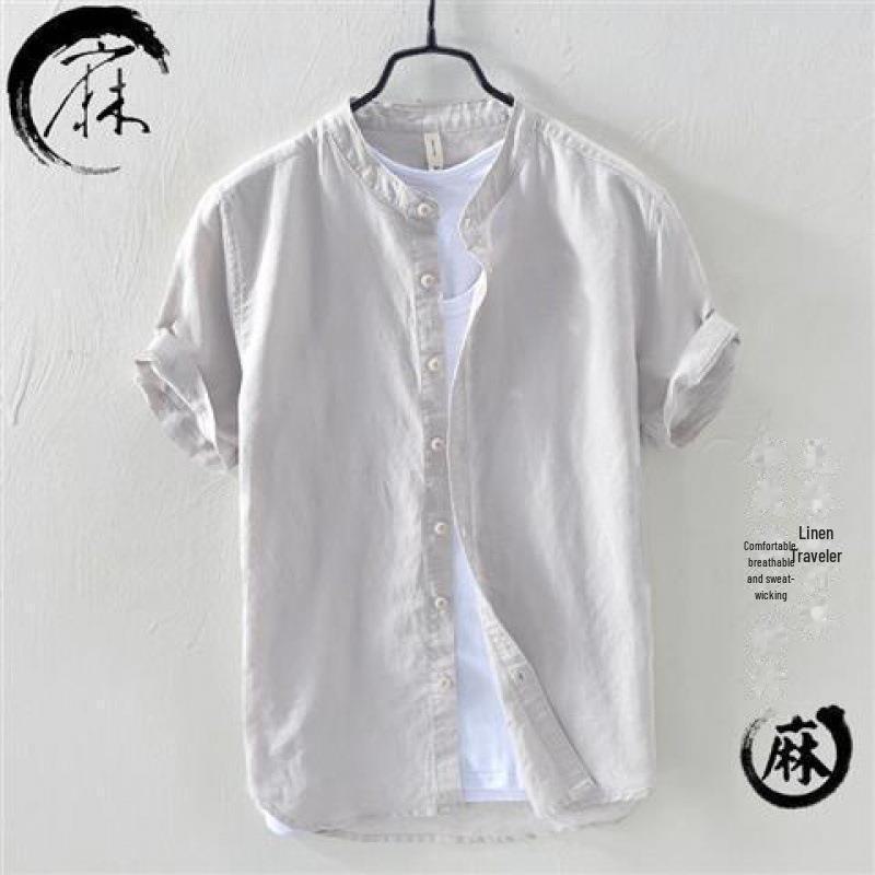 Мужская льняная рубашка с коротким рукавом в китайском стиле и воротником-стойкой — повседневная, легкая, летняя тенденция