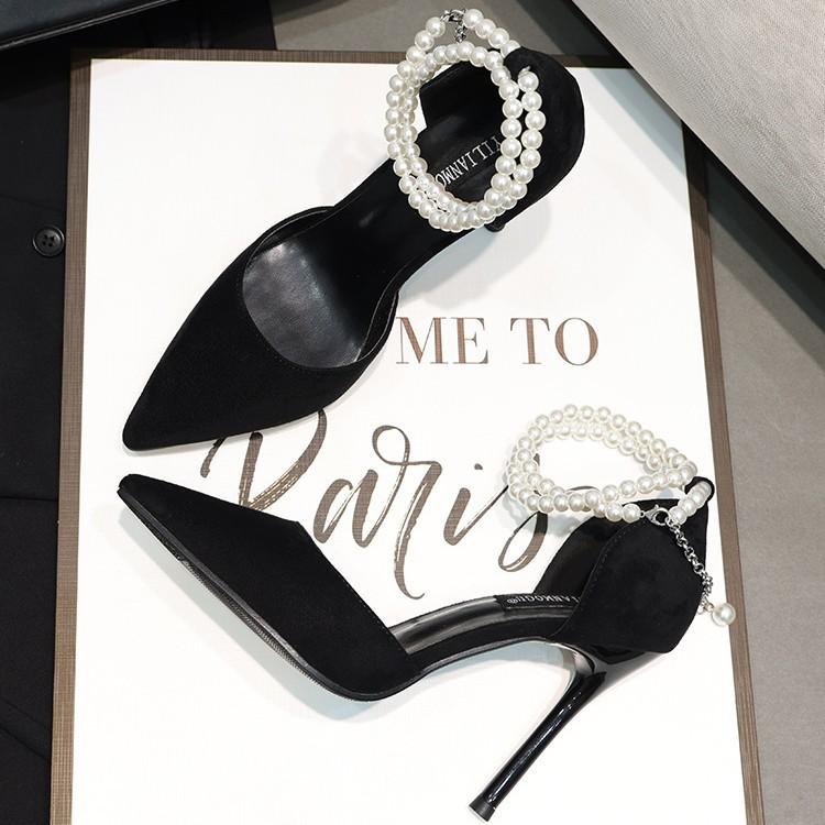 2025 новые туфли на шпильках с острым носком, женские черные замшевые босоножки с пряжкой в виде одного слова, жемчужные туфли на высоком каблуке