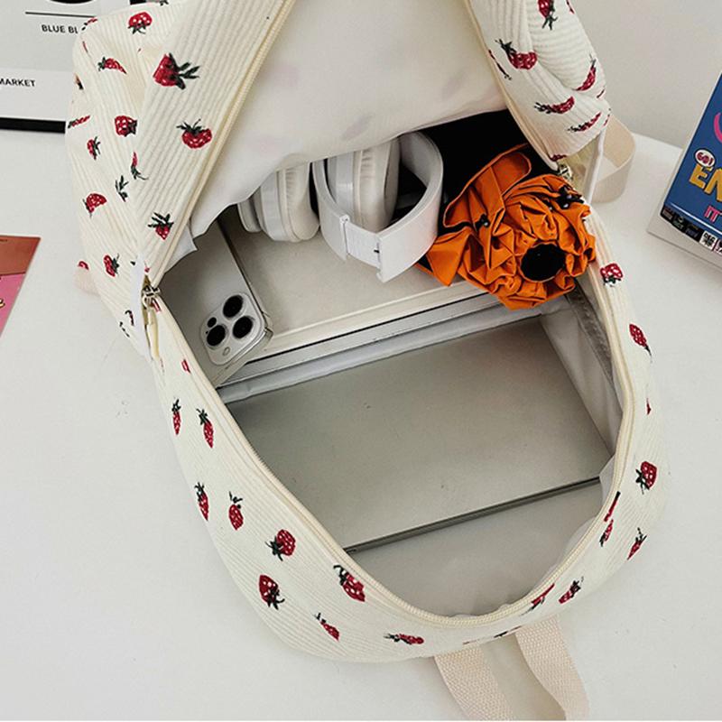 Вельветовый рюкзак с клубникой, повседневный дорожный рюкзак, большая вместимость, модный подростковый рюкзак, регулируемый ремешок для путешествий на открытом воздухе AVE