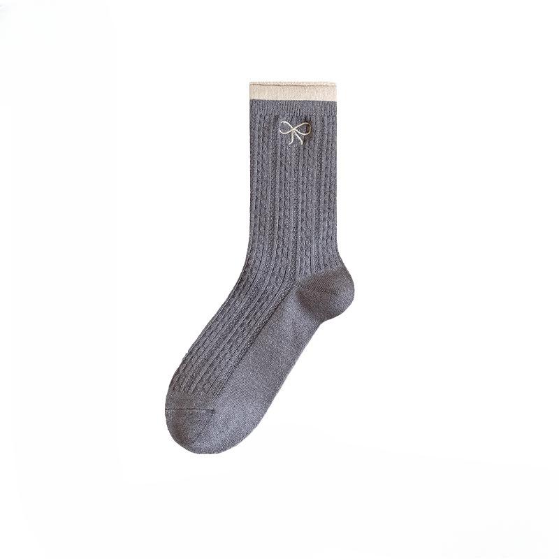 Женские осенне-зимние вышитые носки-гольфы с бантиком и закрученным краем, сочетающихся цветов, дышащие, впитывающие пот