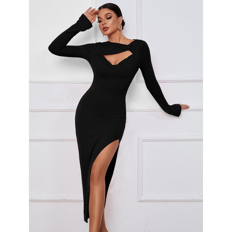 Fall New Arrival Women's Fashion Wind Chest Cut Out Kinky Silm Long Sleeves Dress Sexy High Split Elegant Dress