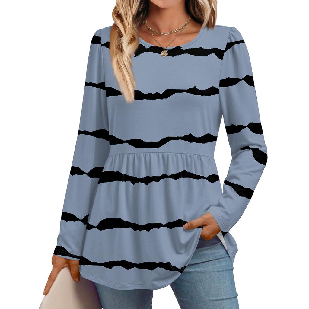 Women's Casual Fashion Long Sleeve Shirt Striped Tunic Top