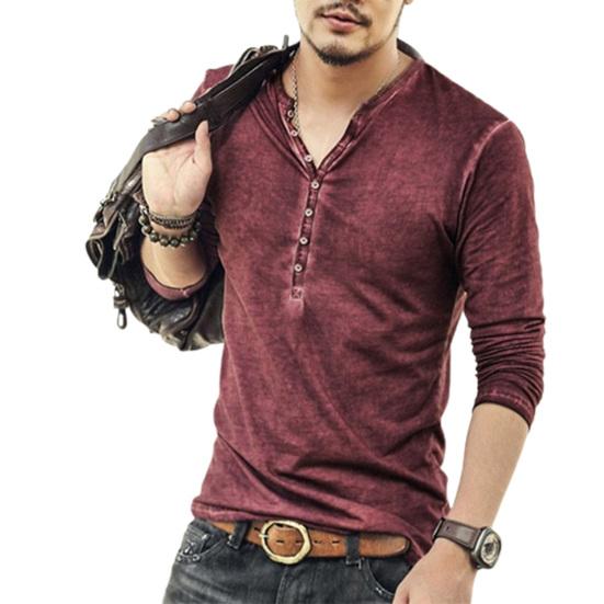 Men Solid Color Casual V Neck Thin Buttons T-shirt