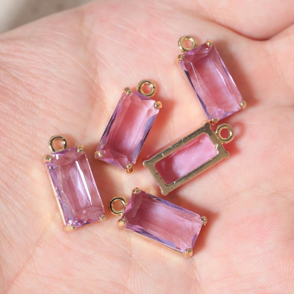 Rectangle Light Purple Synthetic Crystal Copper Charms, Golden Plated DIY Pendants for Earring Necklace Craft Making