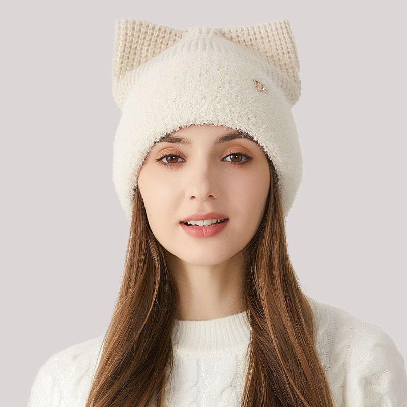Женская зимняя вязаная шапка с кошачьими ушками, толстая защита ушей, однотонная шерстяная шапка с рукавами, шапочки с черепами