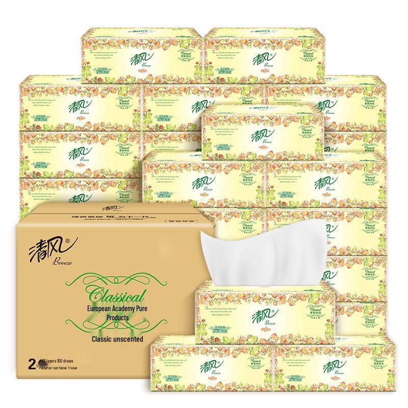Qingfeng European Style Facial Tissue, Large 3-Ply, 100 Sheets, 24-Pack Household Napkins