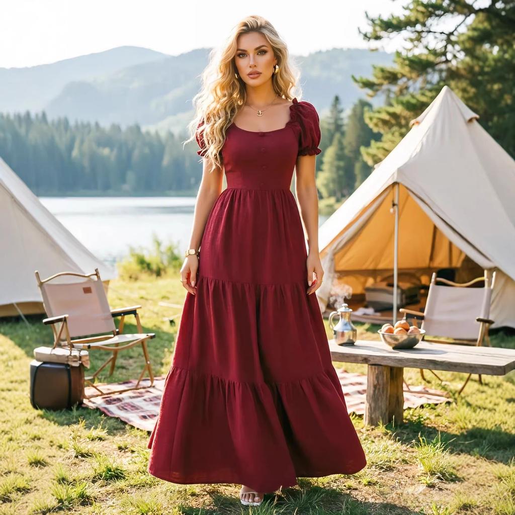 Summer Vacation Solid Color Maxi Dress Square Neck Puff Short Sleeve Tiered Ruffle High Waist Casual Long Beach Holiday Dress