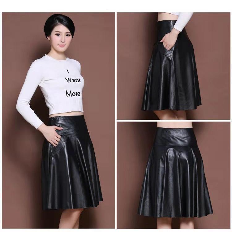 Женские весенне-осенние юбки из искусственной кожи, женская юбка трапециевидной формы с высокой талией, черная юбка длины миди, женская