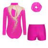 Girls Gymnastics Dance Outfit Set Long Sleeve Keyhole Back Sheer Mesh Patchwork Sparkly Leotard Shorts Hair Band
