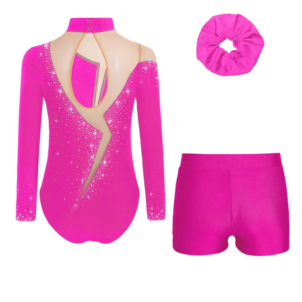Girls Gymnastics Dance Outfit Set Long Sleeve Keyhole Back Sheer Mesh Patchwork Sparkly Leotard Shorts Hair Band