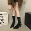 2025 Fashion Pointed Heel Suede French Skinny Boots Fashion Buckle Khaki Medium Tube Pleated Stacking Boots