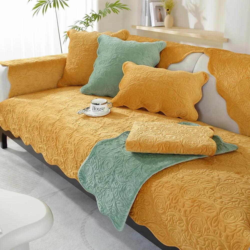 Dutch Velvet Embroider Sofa Cover Non-slip Corner Couch Slipcover Autumn Winter Universal Sofa Cushion Solid Color Sofa Cushion