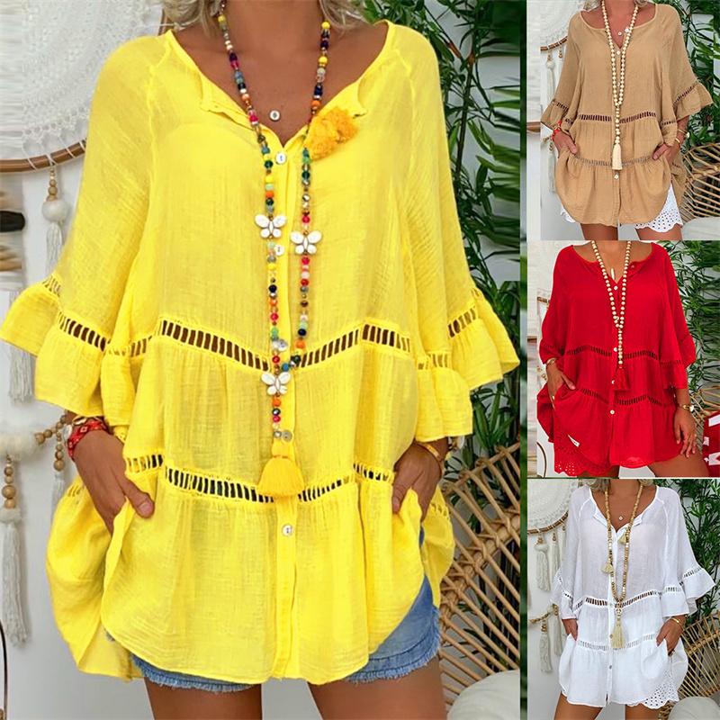 Women's 3/4 Sleeve Cotton Linen Blouse V-Neck Loose Button Hollow Large Size Long Shirt White Yellow Ladies Top
