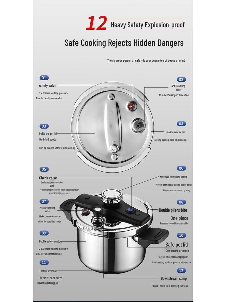 304 Трехслойная сталь Толстая скороварка - Большая вместимость, Взрывобезопасная конструкция для газовой и индукционной готовки