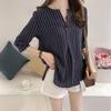 Fashion Large Size Round Neck Striped Shirt Female Seven-minute Sleeve Blouse Loose Casual Shirt Vintage Basic Office Casual Women Shirt