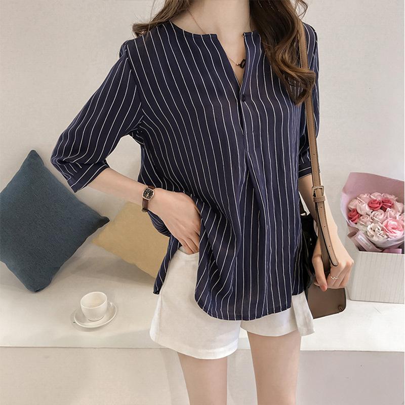 Fashion Large Size Round Neck Striped Shirt Female Seven-minute Sleeve Blouse Loose Casual Shirt Vintage Basic Office Casual Women Shirt