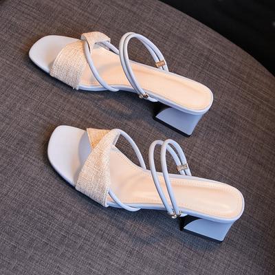 Летние женские босоножки на толстом каблуке с квадратным носком 2024 года, новые модные простые универсальные туфли с открытым носком, подходящие по цвету, женские туфли на каблуке