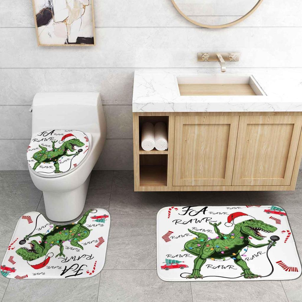 4-Piece Dinosaur And Microphone Pattern Shower Curtain With Hook Bathroom Compartmentary Curtain Bathroom Accessories Home Decor