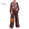 2 Pcs/Set Blouse Pants Suit V Neck Bat Sleeves Baggy Loose Flower Printing Top Wide Leg Elastic Waist Pants Casual Daily Outfit Commuting Travel