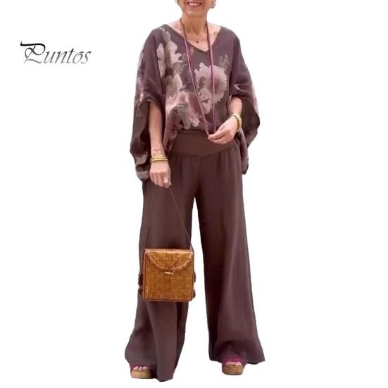 2 Pcs/Set Blouse Pants Suit V Neck Bat Sleeves Baggy Loose Flower Printing Top Wide Leg Elastic Waist Pants Casual Daily Outfit Commuting Travel