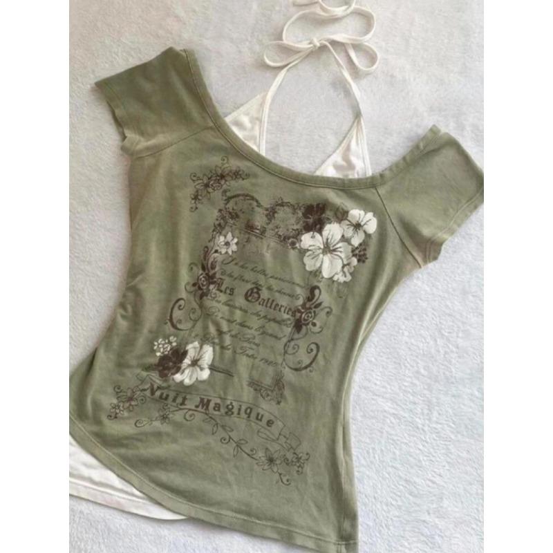 Летние поддельные две части бретелька через шею бандаж винтажные футболки Y2k эстетика тонкий укороченный топ женский гранж принт Harajuku повседневная сексуальная футболка