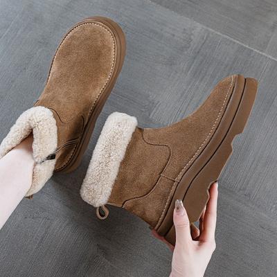 Женские зимние ботинки, короткие ботинки из коровьего велюра на толстой подошве, новые теплые ботинки из овечьей шерсти на мягкой подошве, нескользящие, большие хлопковые ботинки